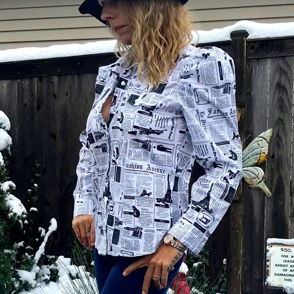 Tops - NWOT puffy shoulder newsprint blouse